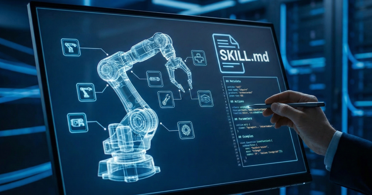 A holographic display shows a glowing blue blueprint of a robotic arm, a digital file icon labeled "SKILL.md", and several lines of code. A person's hand holding a stylus is pointing at the screen in a server room setting.