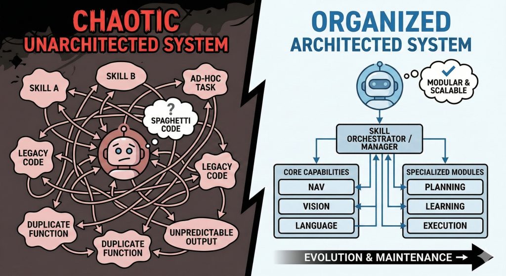 Comparison diagram showing chaotic unarchitected skill system vs organized architected system